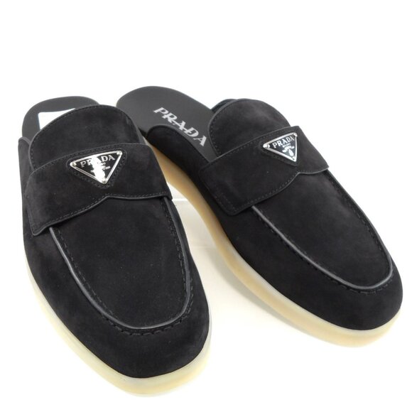 NIB$950 Prada Saint Tropez Suede Metal Triangle Logo Loafer Mules 7.5, US 8.5 - Picture 3 of 16
